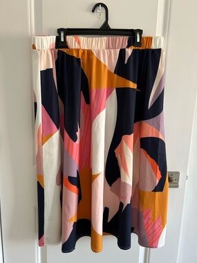 SHEIN Abstract A-Line Midi Skirt in Navy, Pink & Mustard